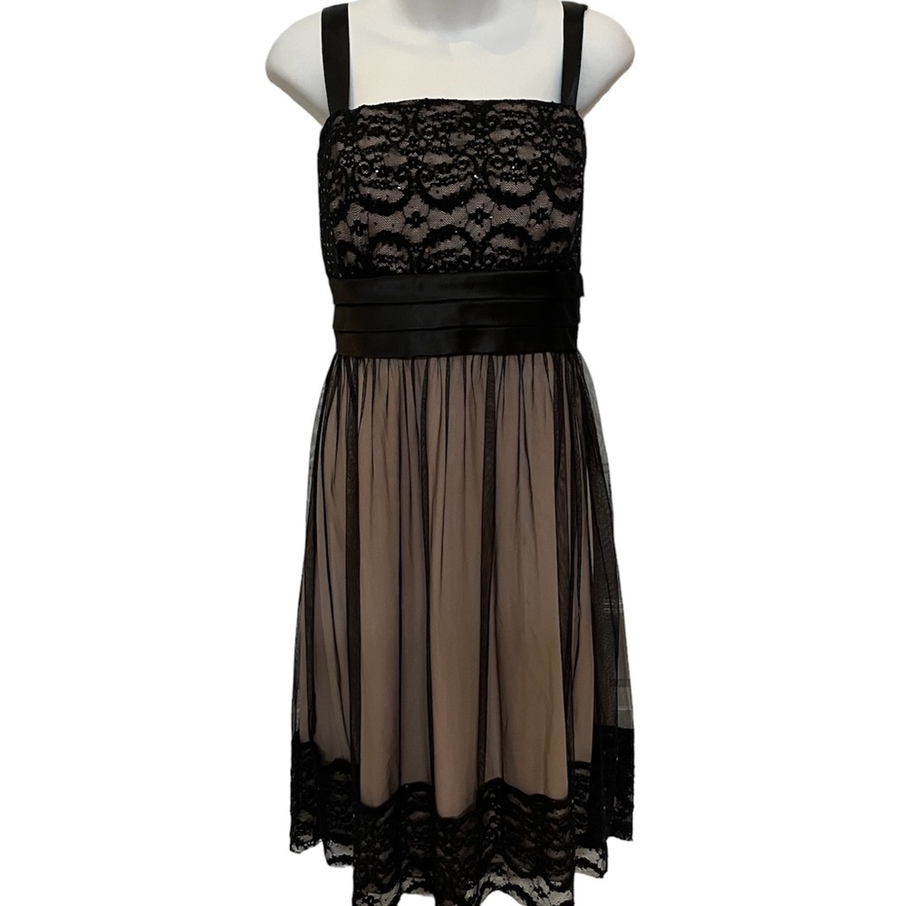 R&M Richards black embellished elegant dress with shimmery overlay size 16